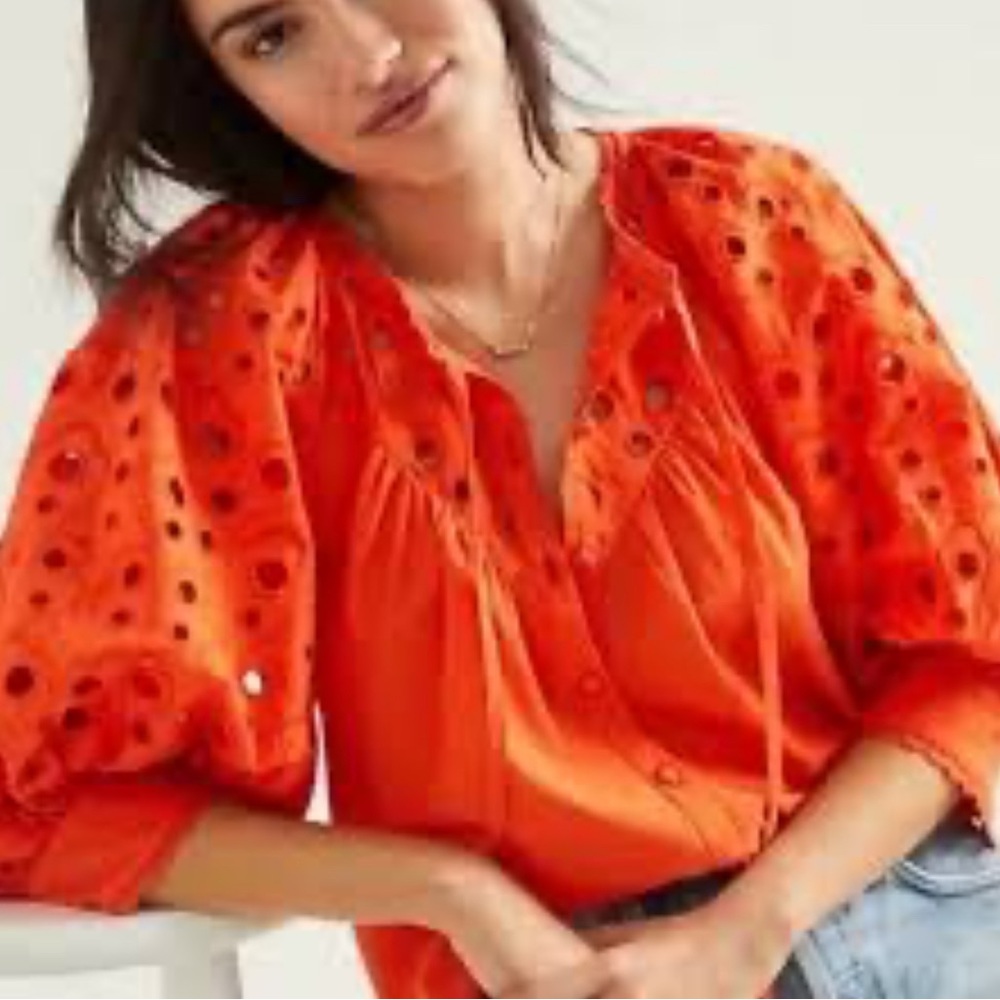 by Anthropologie embroidered puff sleeve blouse orange
